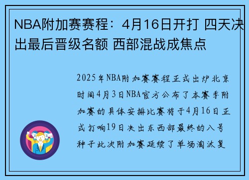 NBA附加赛赛程：4月16日开打 四天决出最后晋级名额 西部混战成焦点
