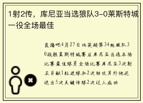 1射2传，库尼亚当选狼队3-0莱斯特城一役全场最佳